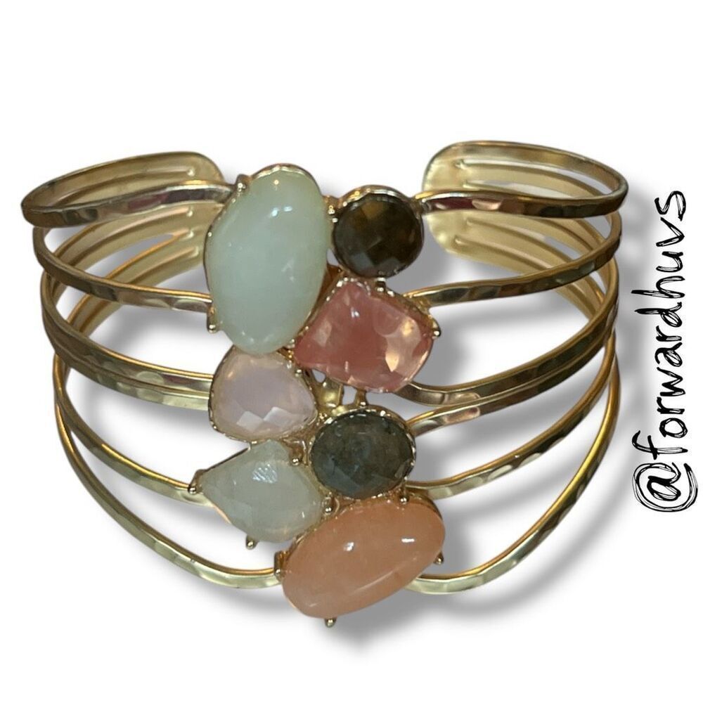 Gold Tone Metal & Colored Glass Boho Cuff Bracelet